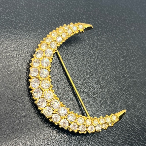 Swarovski gold tone clear rhinestone crescent moon brooch pin